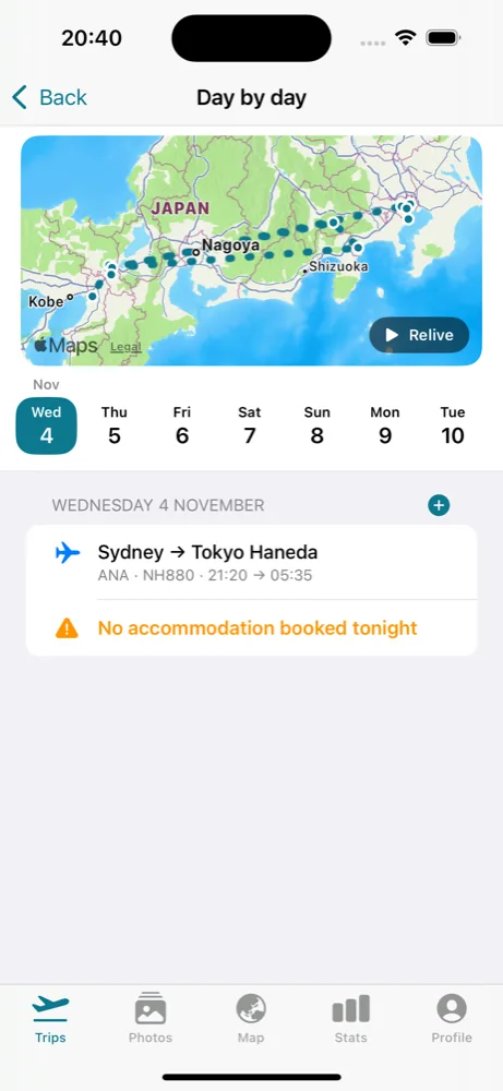 Trvlrr's day-by-day view: a Sydney to Tokyo flight, and a warning that no accommodation is booked that night