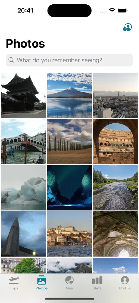 Trvlrr's photo grid with the search box 'What do you remember seeing?'