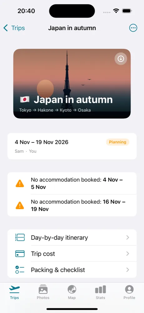 A Trvlrr trip screen for Japan in autumn, with the day-by-day itinerary, trip cost and packing list