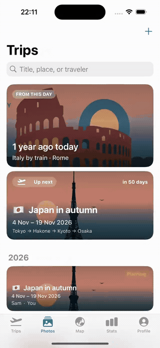 Screen recording of the Photos tab in Trvlrr: an album per trip