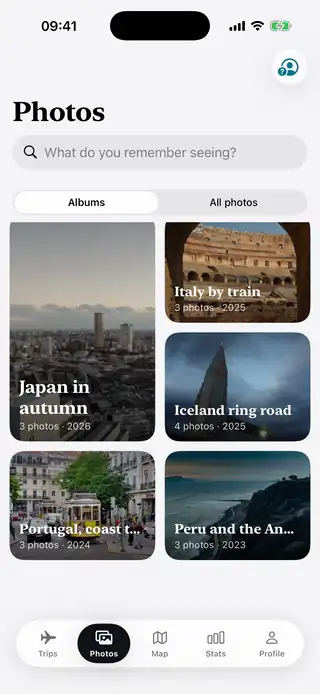Screen recording of the Photos tab in Trvlrr: an album per trip, and a tap opens that trip's photos