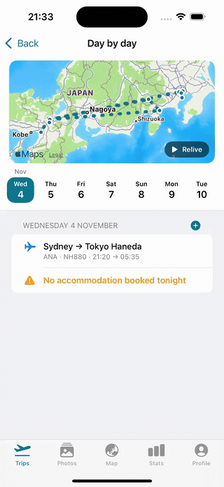 Screen recording of Trvlrr's day-by-day itinerary for a Japan trip, built from forwarded bookings