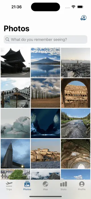 Screen recording of Trvlrr photo search finding a photo by description