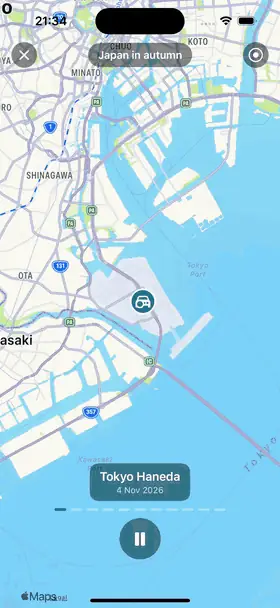 Screen recording of Relive in Trvlrr: the route replaying across Tokyo on a map