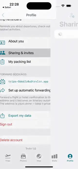 Screen recording of Sharing in Trvlrr: account members, trip collaborators and a new invite