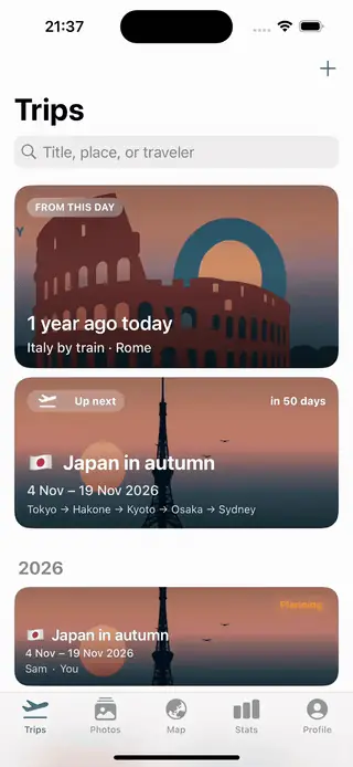 Screen recording of the Trips tab with a 'one year ago today' memory